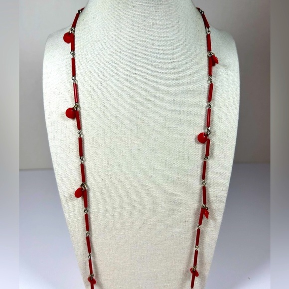 Vintage Opera Length Necklace Red Glass Bugle Beads Lucite Dangles MCM Mod Retro - Picture 5 of 8